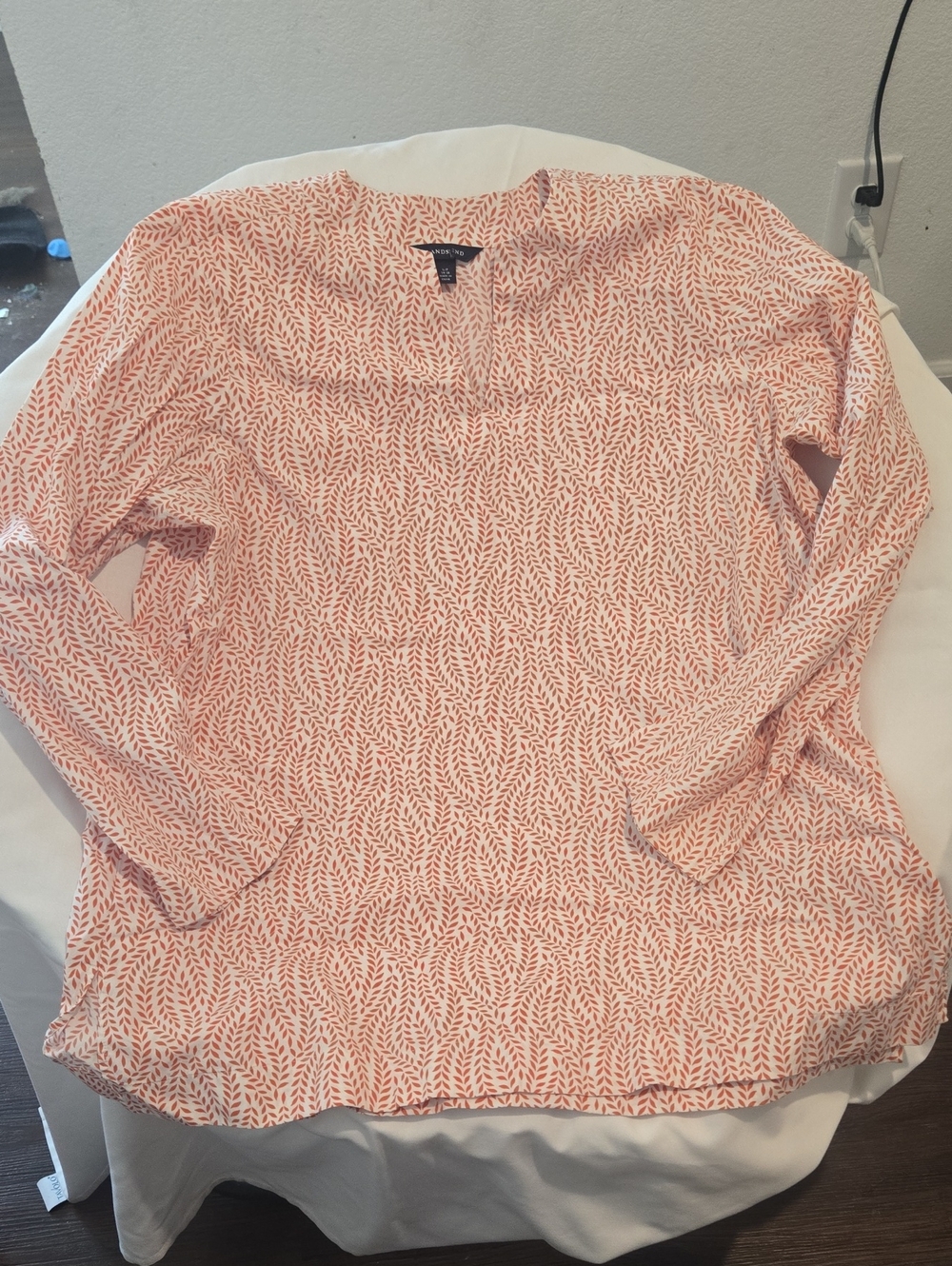 Lands' End Coral Leaf-Print Long Sleeve Tunic